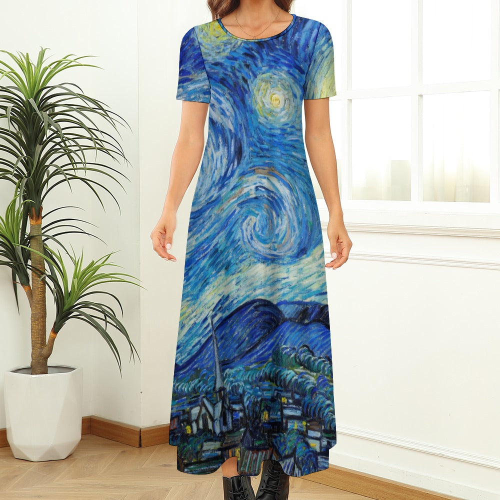 Van Gogh's Round Neck Short Sleeve Dress (No Pockets)